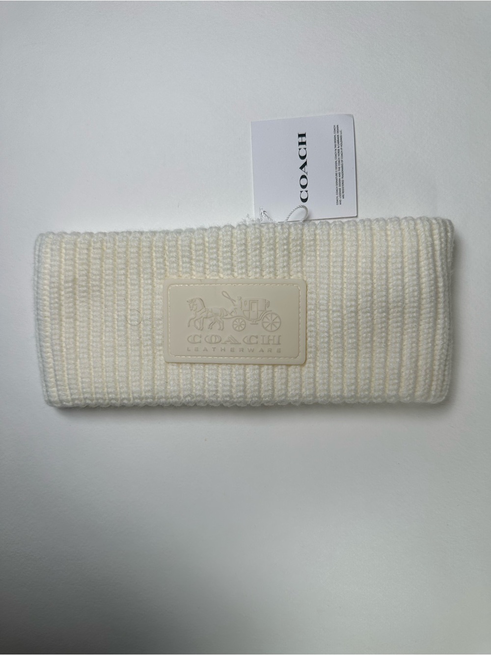 Coach Ivory Ribbed Knit Headband with Logo Patch